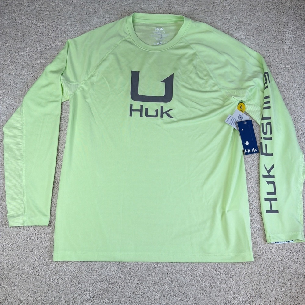 Men's NEW Huk Fishing Size Small Neon Green Long Sleeve Shirt UPF 50+